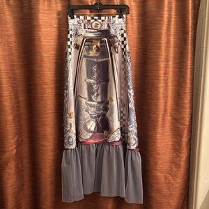 IPNG Chic Multicolor Printed Maxi Skirt. Steampunk w/crystals and gold etching.